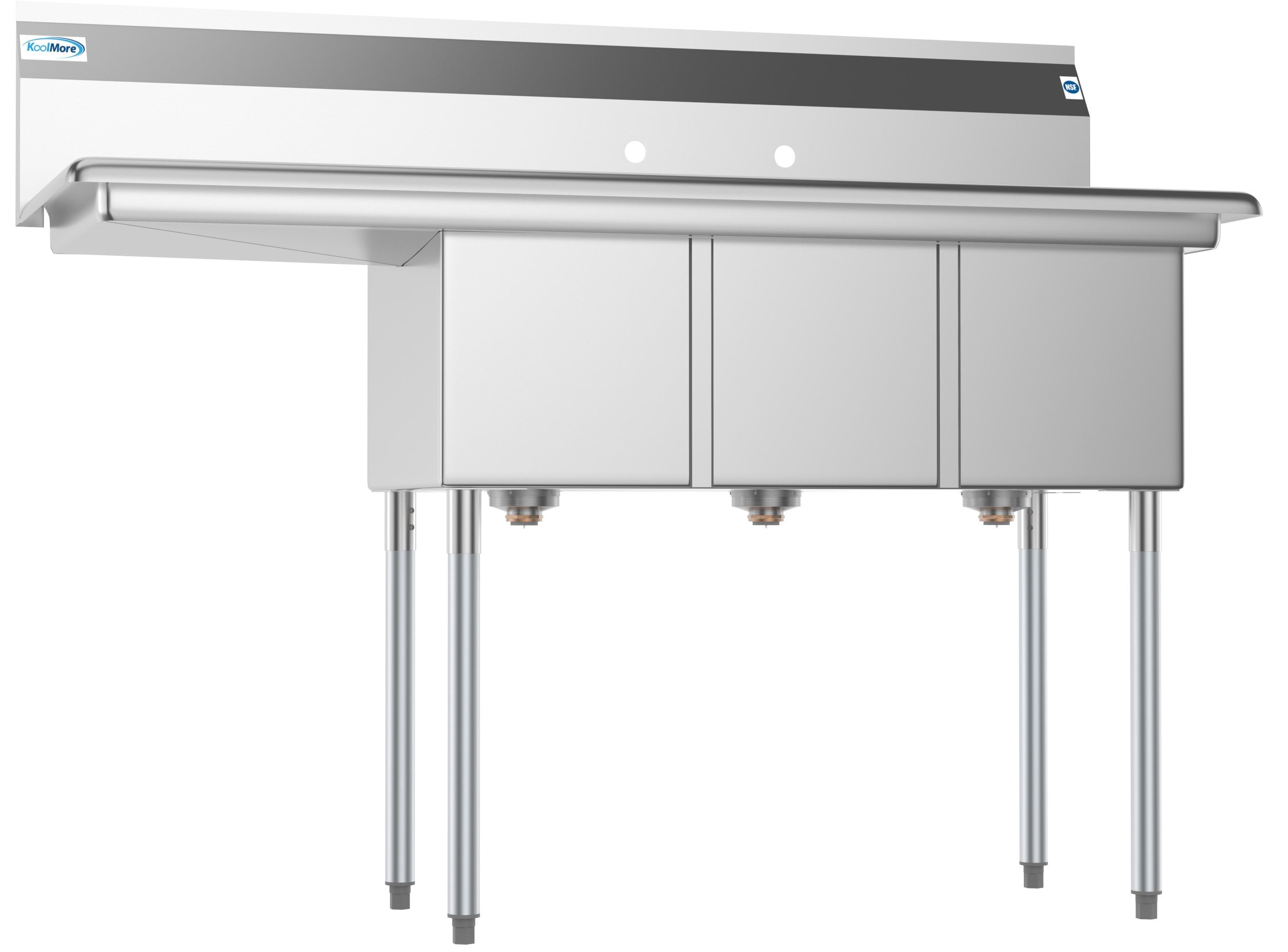 3 Compartment 55" Stainless Steel Commercial Kitchen Sink with Large Drainboard - Bowl Size 12" x 16" x 10"