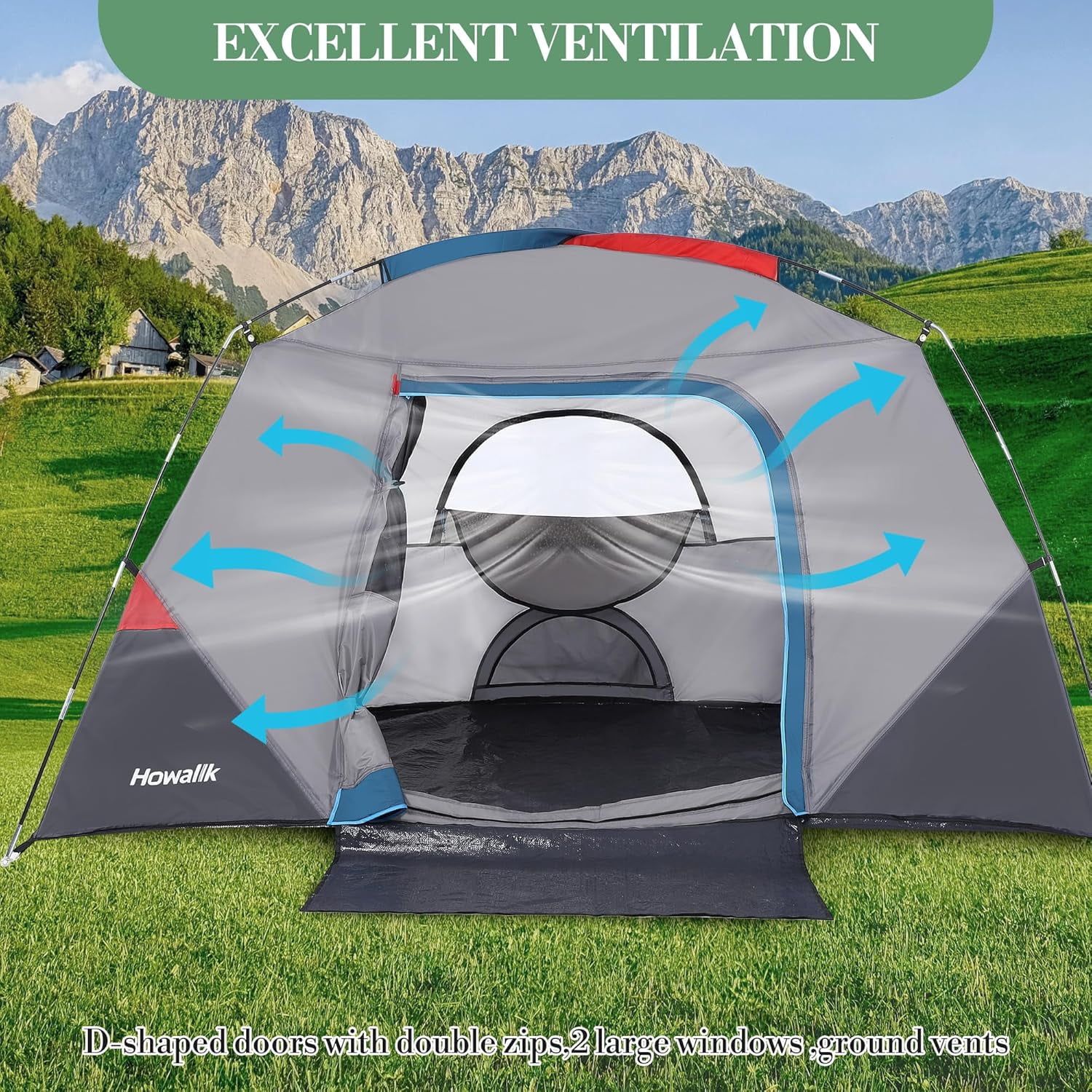 Lumiparty 4-6 Person Tent for Camping, Family Tent with Carry Bag, Easy Set up Instant Tents for Hiking Backpacking Traveling Outdoor, Gray & Blue