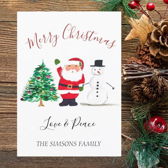 Merry Christmas Family Card – Santa Claus and Snowman Design – Customize with Your Family Name – Perfect Holiday Greeting for Loved Ones