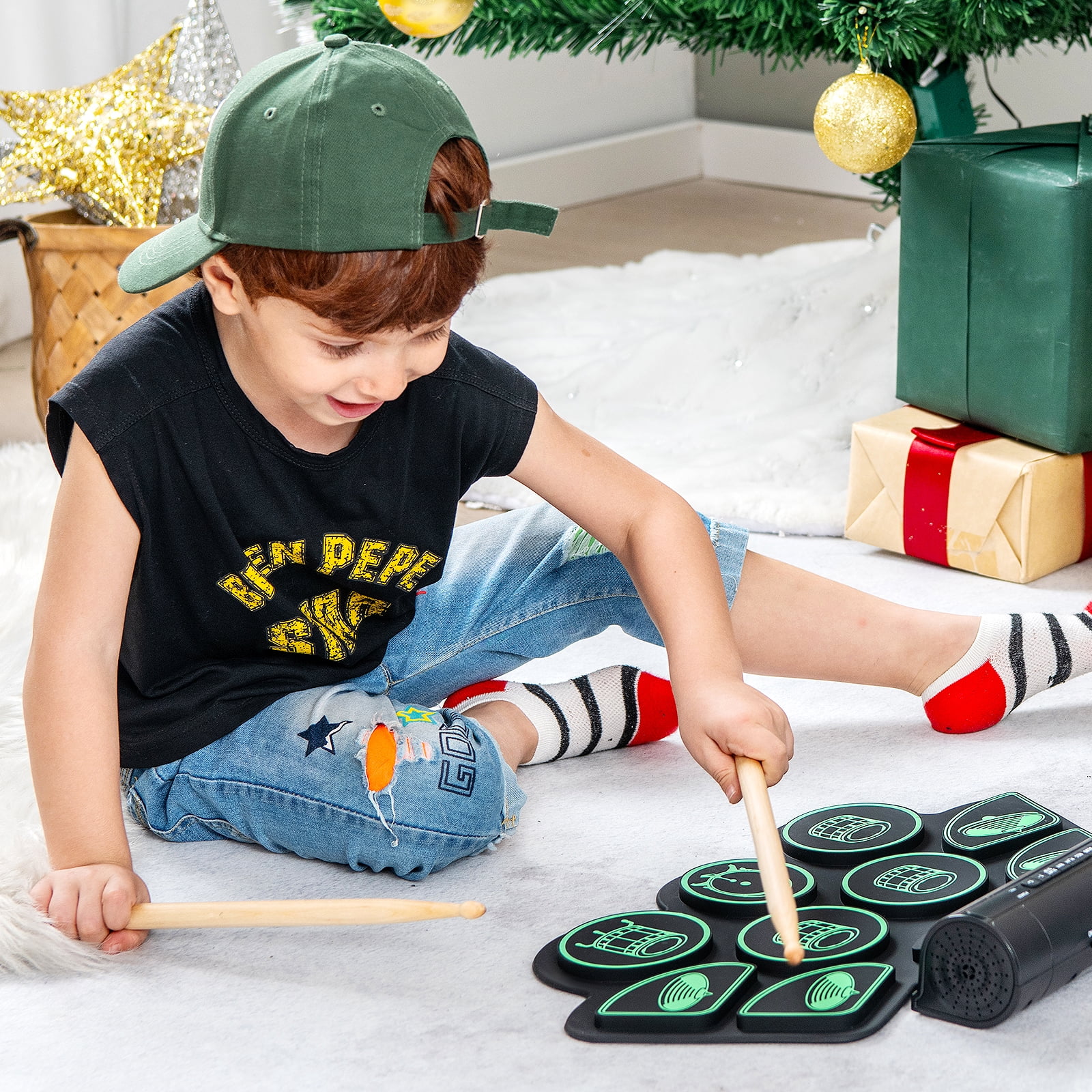 Infans 9 Pads Electronic Drum Set Roll Up Drum Kit w/ MIDI & Dual Stereo Speakers Green