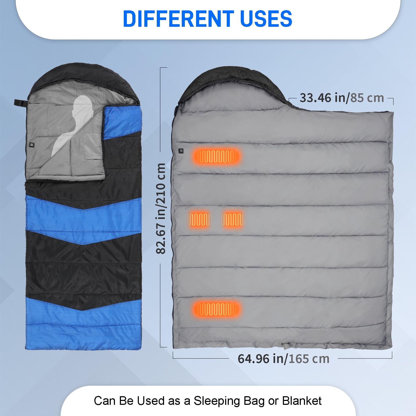 Ktaxon Heated Sleeping Bag,  Rectangular Lightweight Sleeping Bag with USB Powered Heating Pads for 14-50 °F, Compact Envelope Sleeping Bag for Camping Picnic Hiking, Blue