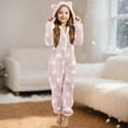 thumbnail image 2 of ZQUUVOU Kids Plush Pajama Jumpsuit Solid Color Fleece Heart Print Zipper Hood with Ears Hood Full Body Sleepwear Pink, 2 of 5