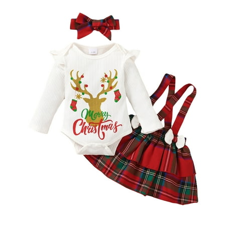 

Toddler Girls Christmas Winter Long Sleeve Deer Letter Prints Romper Plaid Skirt With Headband 3PCS Outfits Clothes Set For 0-3 Months