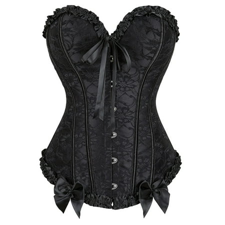 CHCNHAC Renaissance Corset for Women Floral Pleated Trim Corset Lingerie Satin Boned Lace Strapless Shapewear Cute Plus Size Steampunk Costume Black 2XL