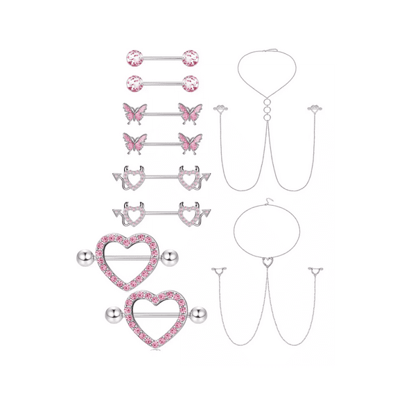 10pzs Piercing Pezón Nipple Set Con Corazón Diablito Varios