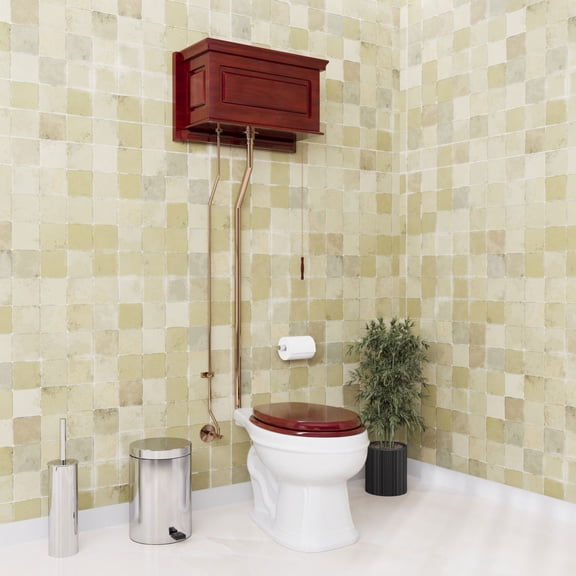 Raised High Tank Pull Chain Toilet Cherry Finish w/White Elongated Bowl and Brass Rear Entry Pipe Antique Victorian Toilet Renovators Supply
