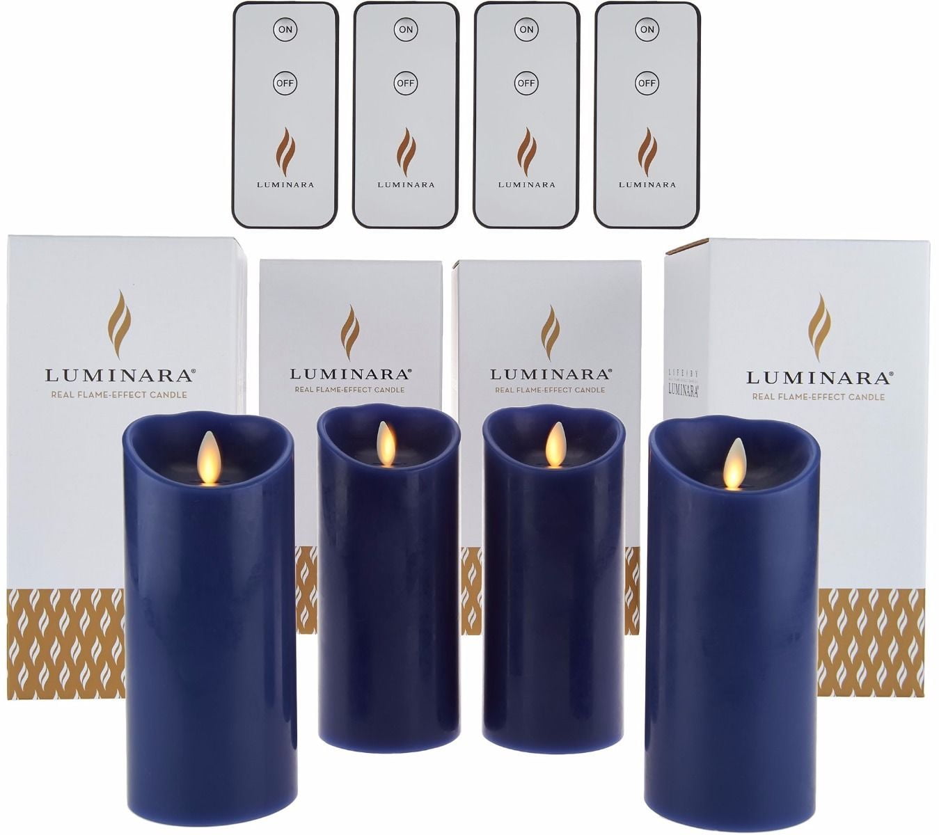 Luminara 6" Flameless Unscented Candles with Four Remotes and Gift Boxes Set of Four Blue