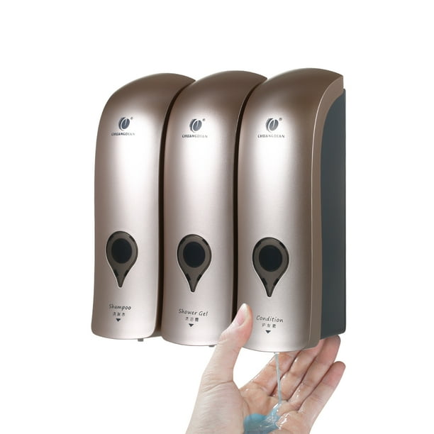 CHUANGDIAN Dispensador de jabón manual 3 cámaras x 300 ml / 10,2 oz Caja de champú líquido montado e Abody Dorado champagne
