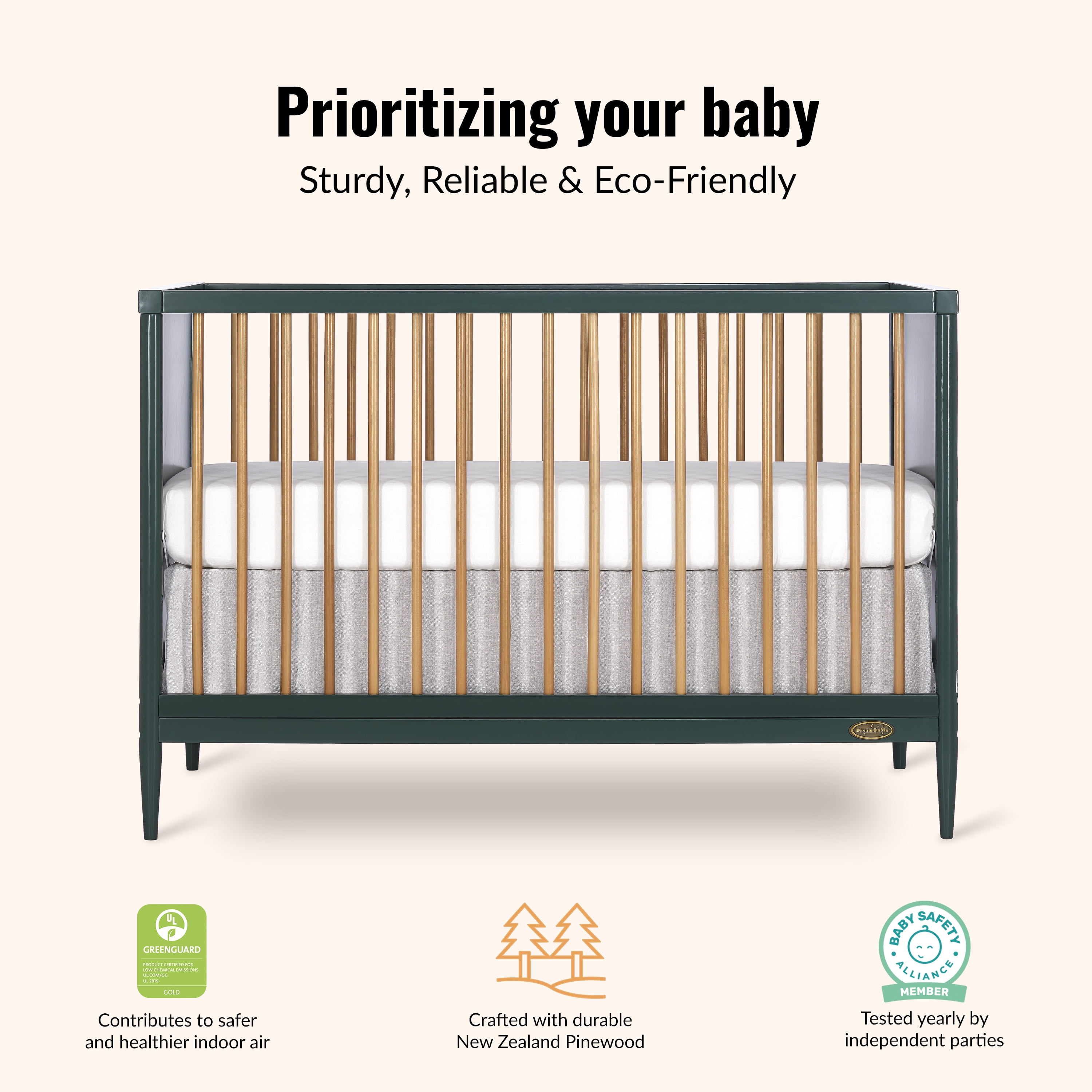 Dream On Me Clover 4 In 1 Modern Island crib With Rounded Spindles I Convertible Crib I Mid- Century Meets Modern I Coordinates With The Clover Changing Table in Olive Finish