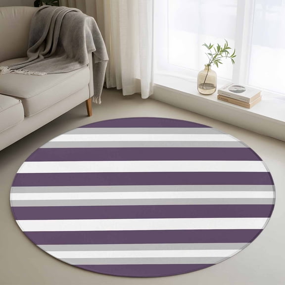 Purple Grey Stripe Round Area Rug 3 FT, Small Kitchen Bathroom Mats, Minimalist Farmhouse Striped Washable Indoor Outdoor Throw Runner Carpet Non-Shedding Doormat for Table Shower Sofa Entryway