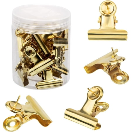 20pcs Gold Push Pins Clips, Thumb Tacks Bulldog Clips with Pins Metal Pushpin Holder Bulletin Board Cork Board Accessories for Home Office Cubicle Wall Use