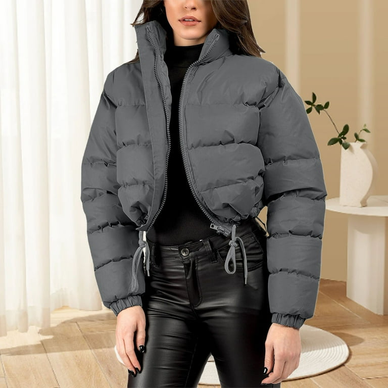 GEZHEN Women s Winter Stand Collar Zipper Cotton Coat Casual Jacket Warm Coats Cropped Puffer Jackets Zip Up Pockets Long Sleeve Trendy Short Down Jackets Winter Coats for Women Walmart