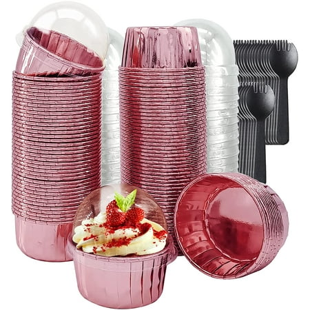 Foil Cupcake Liners Baking Cups With Lids 100 Pack, 5.5 Oz Large Cupcake Tins Muffin Cups,Disposable Ramekins With Lids,Cupcake Wrappers Holders For Wedding Bakery,with Spoons-Rose Gold