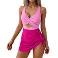 thumbnail image 2 of Iugvhana Womens Cutout One-Piece Swimdress Swimwear Cross V Neck Swimsuit Tummy Control Bathing Suit Mesh Drawstring Wrap Skirt Swim Suit Pink M, 2 of 7