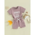 thumbnail image 3 of FEORJGP Toddler Baby Boy Summer Outfits 0-3Y Infant Short Sleeve T-Shirt Crew Neck Shirt Letter Printed Tops + Pocket Drawstring Shorts Set Newborn Loose Casual Daily Clothes, 3 of 9