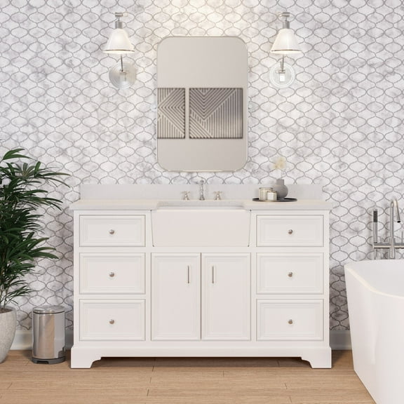 Zelda 60" Single Farmhouse Bathroom Vanity with White Cabinet and Quartz Top
