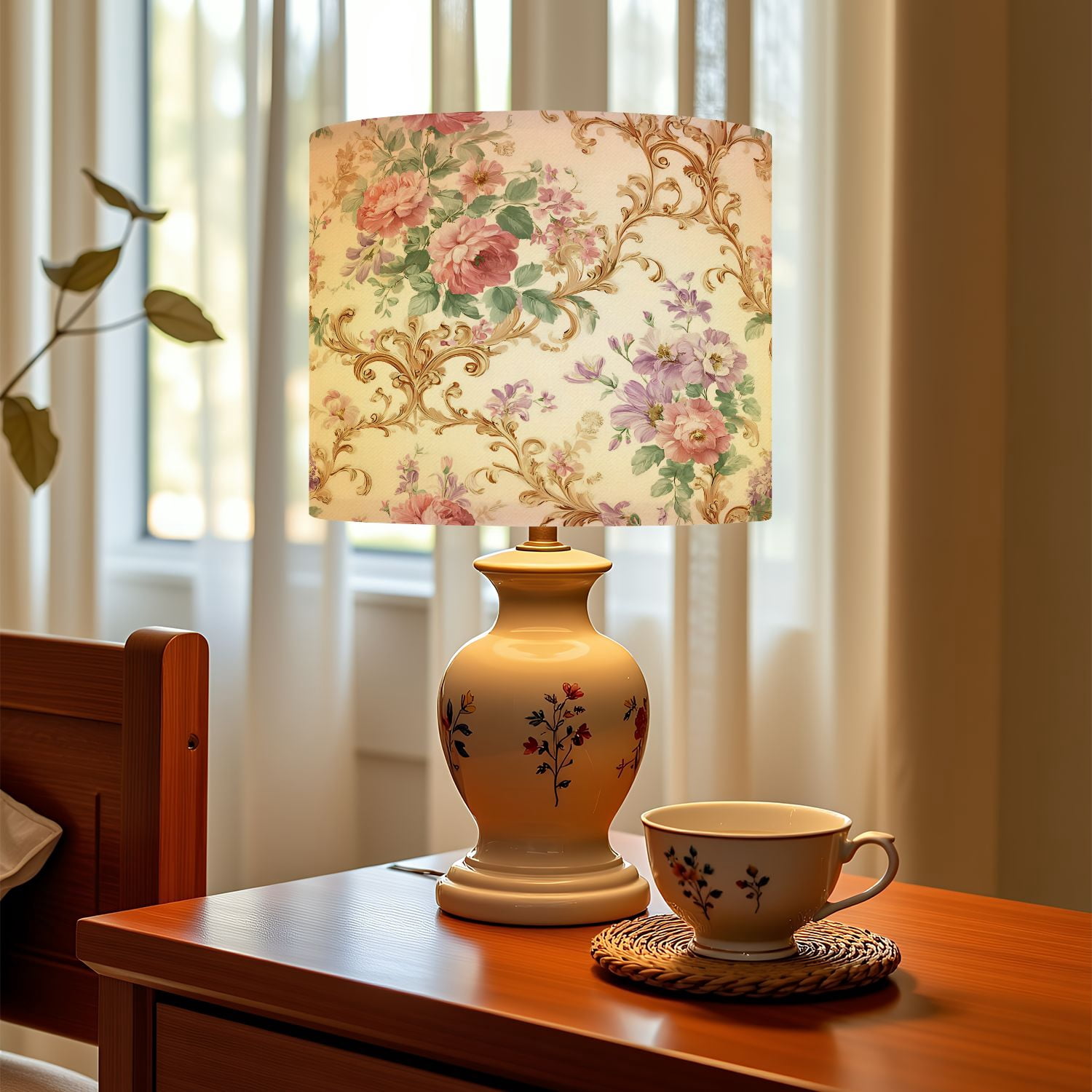 Linen Drum Lamp Shades Vintage Floral Baroque Pink Purple Flowers White 13" x 13" x 10" Lampshade for Table Lamps Floor Lamps Lamp Shade Replacement Easy Assembly Required