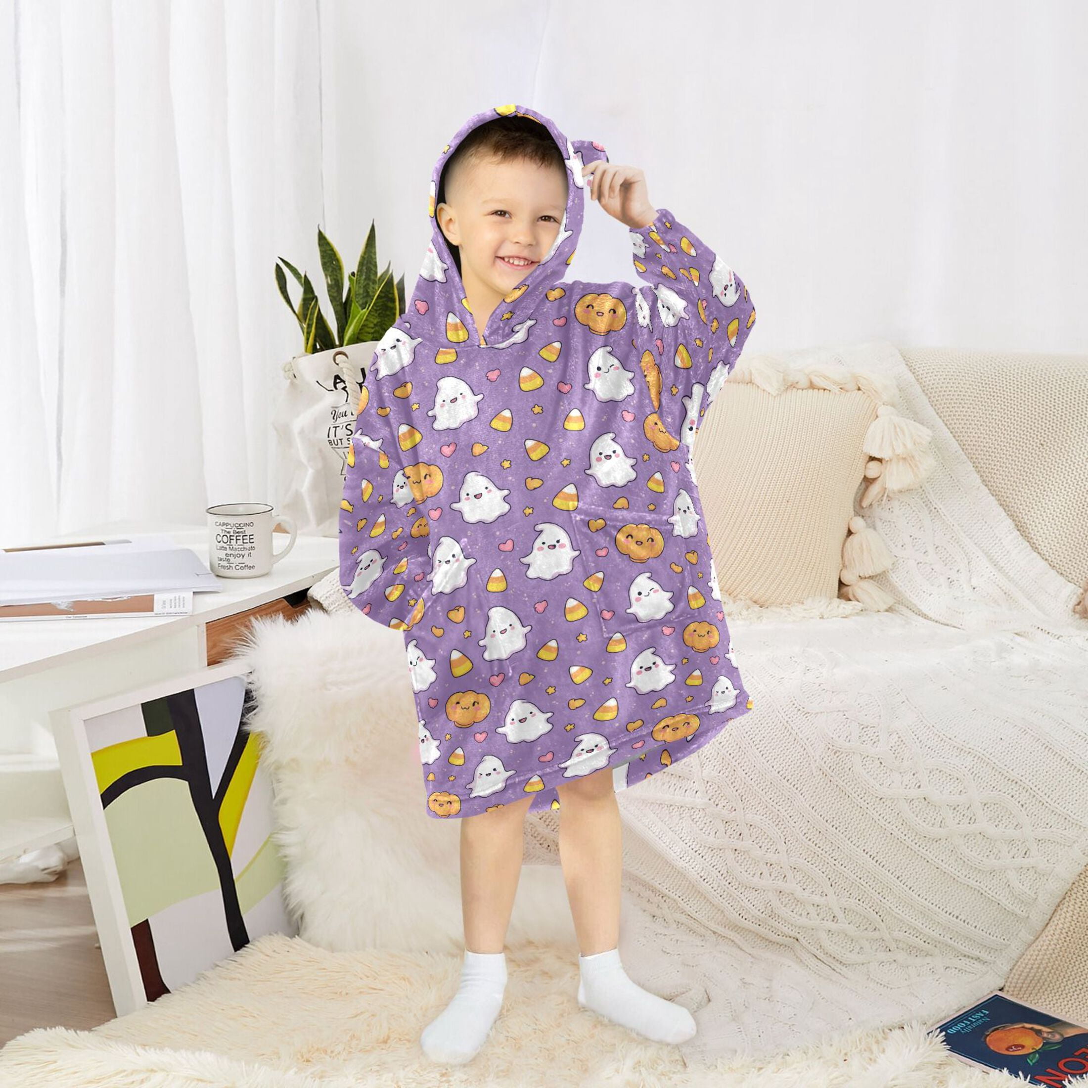 Wearable Blanket Hoodie for Kids Cute Cartoon Pumpkin Ghost Corn Flannel Hooded Blanket with Pockets and Sleeves Suitable for Boys and Girls