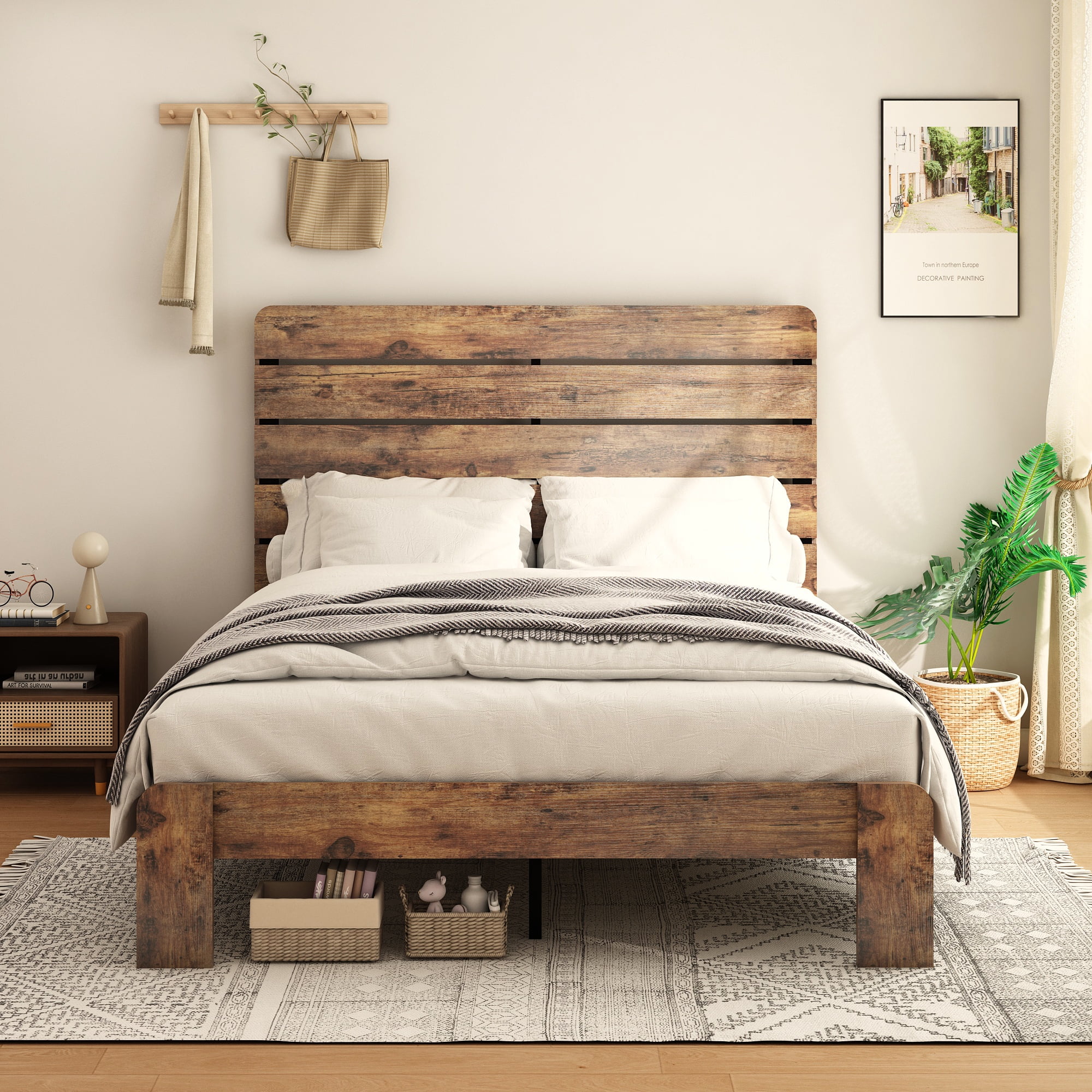 Miniyam Queen Size Wood Platform Bed with High Headboard for Adult, Rustic Vintage