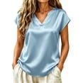 thumbnail image 2 of ClodeEU Women's Elegant V Neck Short Sleeve Satin Blouse ,Casual Loose Fit Silk Office Top Light Blue,Women's Plus L, 2 of 9