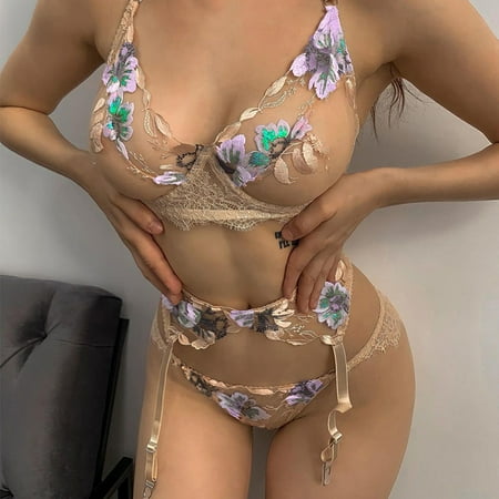 

Women Fashion Print Mesh Lingerie Lace Lingerie Three Pieces Set Underwear
