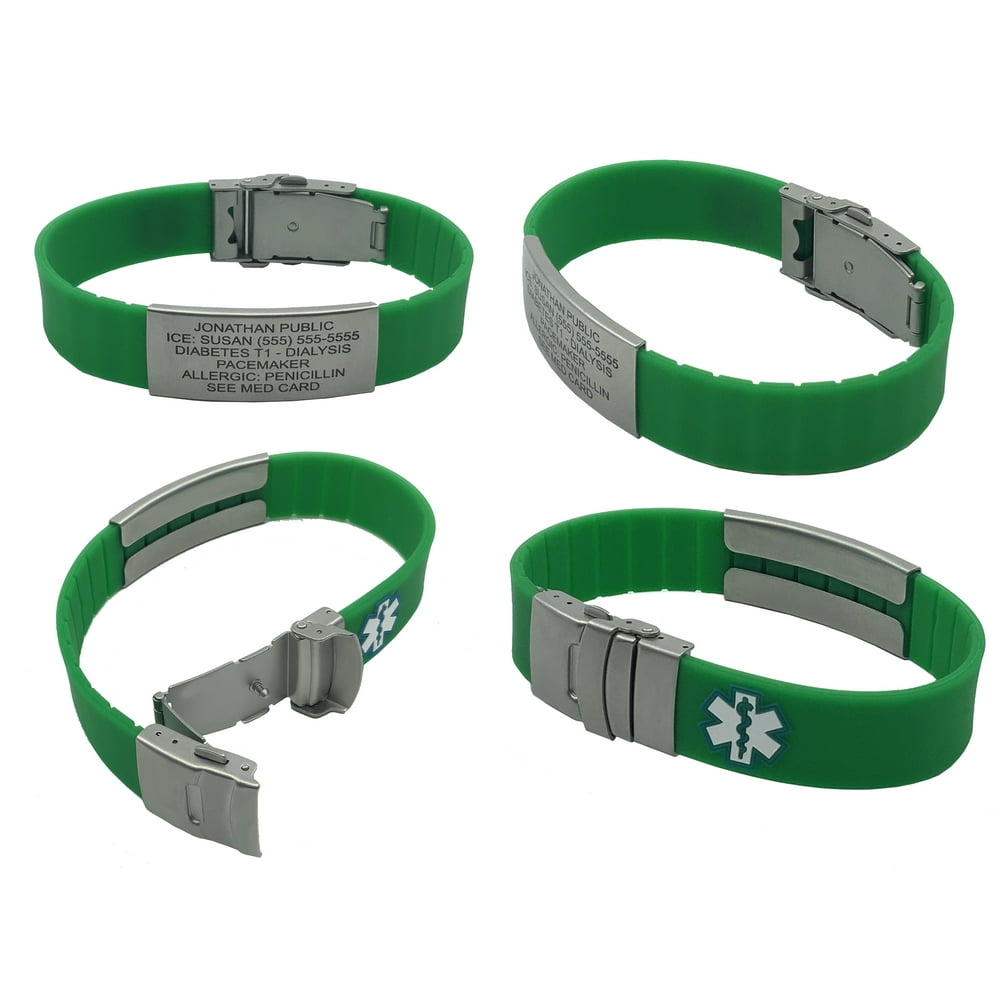 Custom Engraved Silicone SPORT Medical Alert ID Bracelet, Green ...