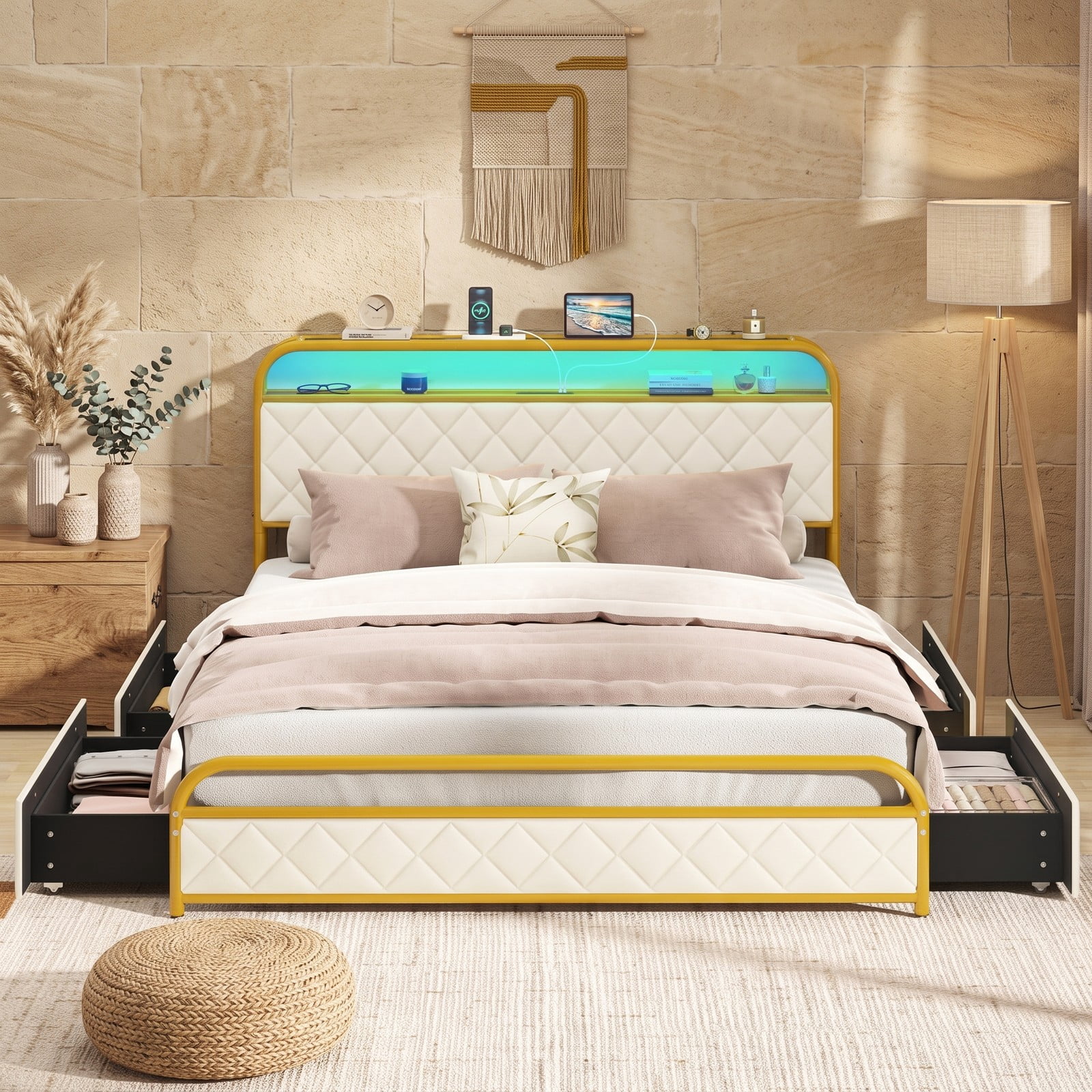 Furnibear Queen Size Bed Frame with LED Lights Charging Station 4 Drawers and Upholstered Headboard, Queen Platform Bed Frame for Bedroom, Gold