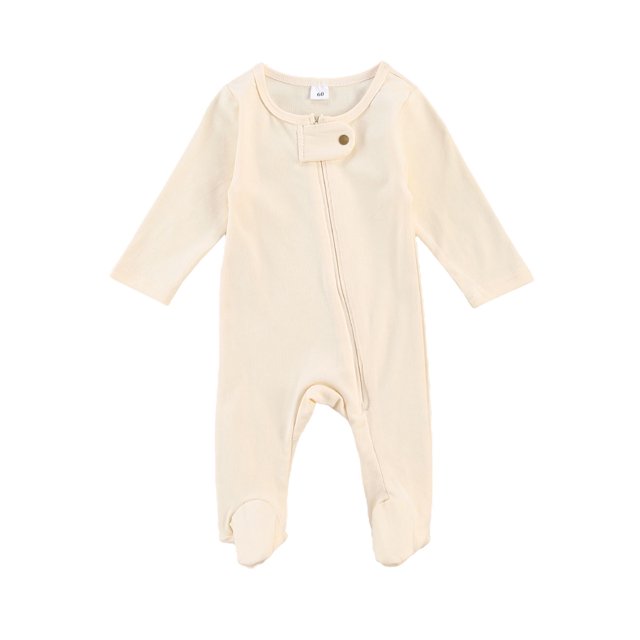 Faithtur Solid Color Romper, Long Sleeve Round Neck Zip-up Footed Jumpsuit