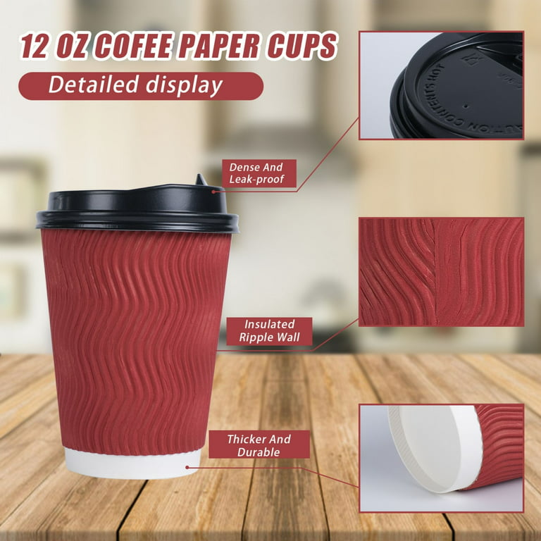 Disposable Coffee Cups w/ Dark Red Double Wall Insulated Ripple