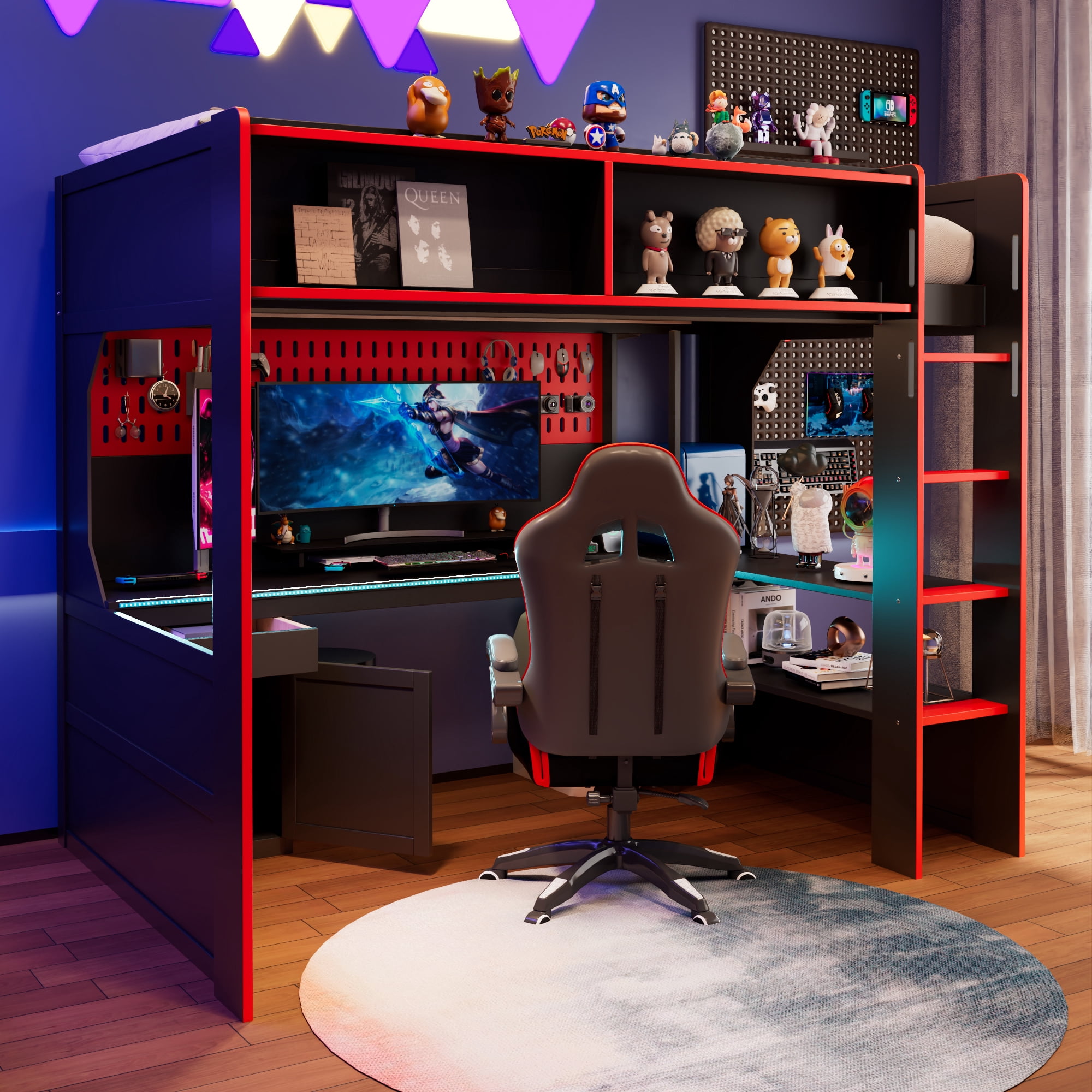 Mintazer Twin Size Gaming Loft Bed with Desk & LED Lights, Modern Bed Frame with Storage Shelves & Pegboard and Charging Station for Dorm Bedroom Apartment, Black & Red