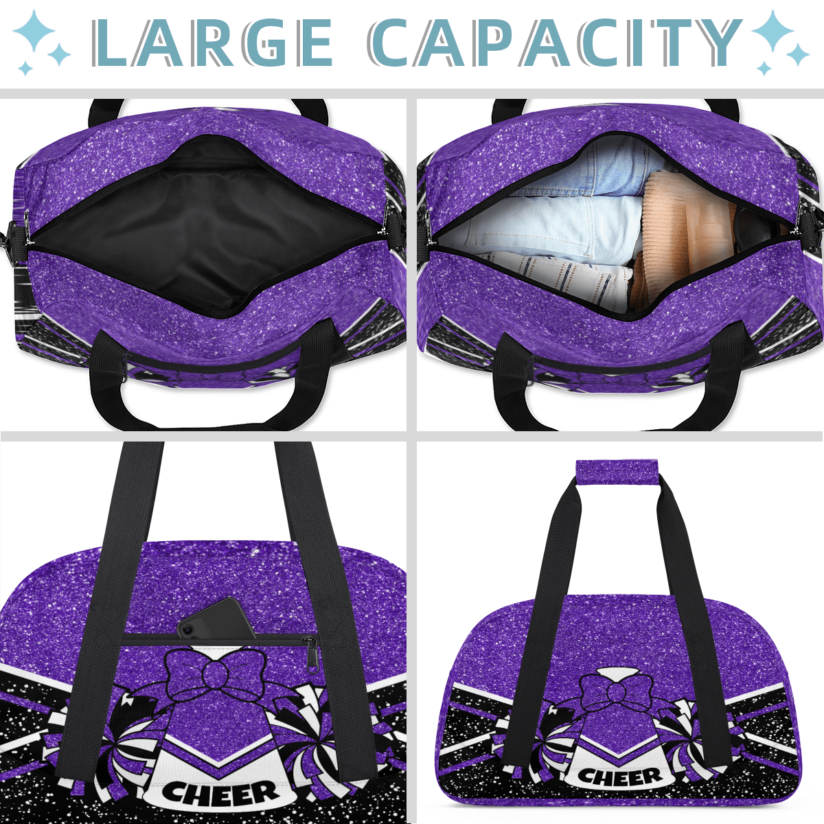 Herdesigns Cheerleading Bags Overnight Duffel Bags Cheer Purple Sport Gym Bag Travel Bag Travel Waterproof Weekender Bag Carry On Travel Tote Bag Dance Bags