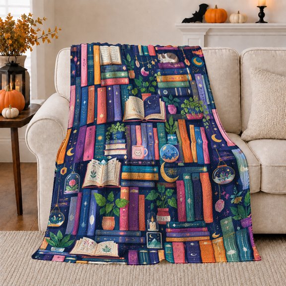 Sleeping Cat Bookshelf Library in Whimsical Painterly Style for Book Lovers, Crescent Moon Plant Scene, Cozy Flannel Blanket for Reading Nook and Bedroom, Housewarming Gift, Library Home Decor