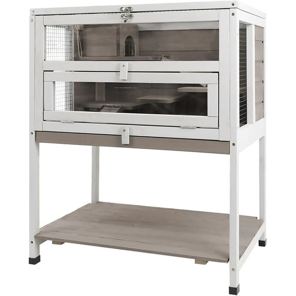 Gowoodhut Hamster Cages Wooden Guinea Pig Cage Indoor with Hideout for Small Animals, Gray