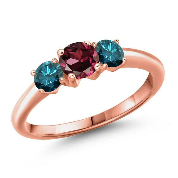 Gem Stone King 18K Rose Gold Plated Silver Red Rhodolite Garnet and Blue Diamond Engagement Ring for Women | 1.14 Cttw | Round 5MM | Gemstone January Birthstone | Size 7