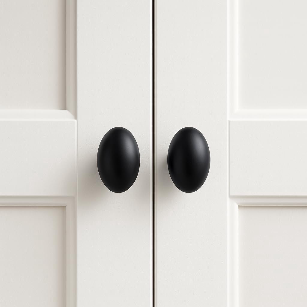 ABCISI 10 Pack Oval Cabinet Knobs, Furniture Cupboard Pulls, Modern Single Hole Hardware for Kitchen Cabinet, Dresser, Wardrobe Drawer, Matte Black