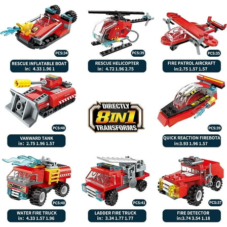 City Fire Truck Building Kit for Kids 6-12 Years Old, Compatible with Lego City Fire Truck 8-in-1 Building Block, Fire Helicopter Toys Building Sets.(313 PCS)