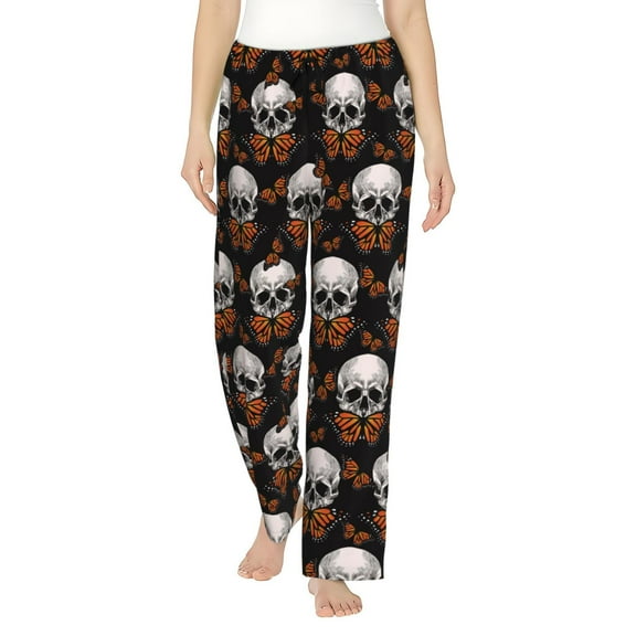 Logiee Butterfly Skull Print Women Pajama Pants,Comfy Pj Bottom with Pockets & Drawstring,Stretch Casual Sleepwear-Small