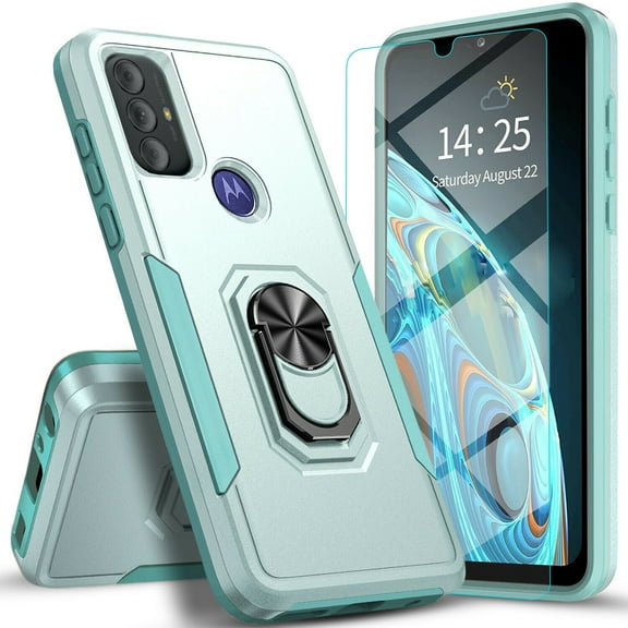 Circlemalls Case for Motorola Moto G Pure, Tempered Glass Screen Protector, Ring Stand Armor Cover Case-Green