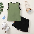 thumbnail image 3 of Kucnuzki 12 Months Newborn Baby Boy Spring Summer Outfits Shorts Sets 18 Months Sleeveless Color-Blcoked Rib-Knitte Tank Top Elastic Dino Prints Shorts 2PCS Set Green, 3 of 9
