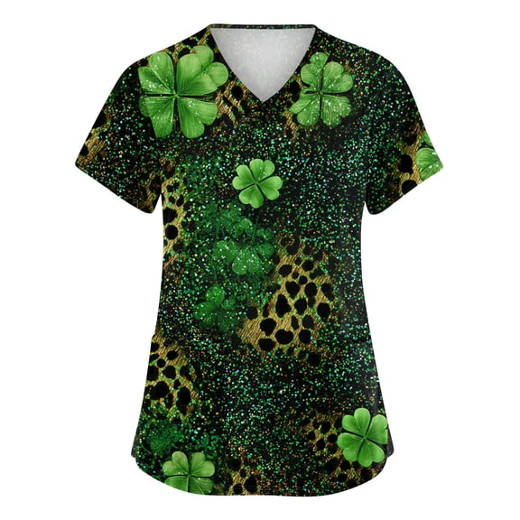 St. Patrick's Day Scrub Tops for Women Irish Lucky Clover V Neck Nurse Working Uniforms Short Sleeve Soft Stretch Festival Scrub Shirts