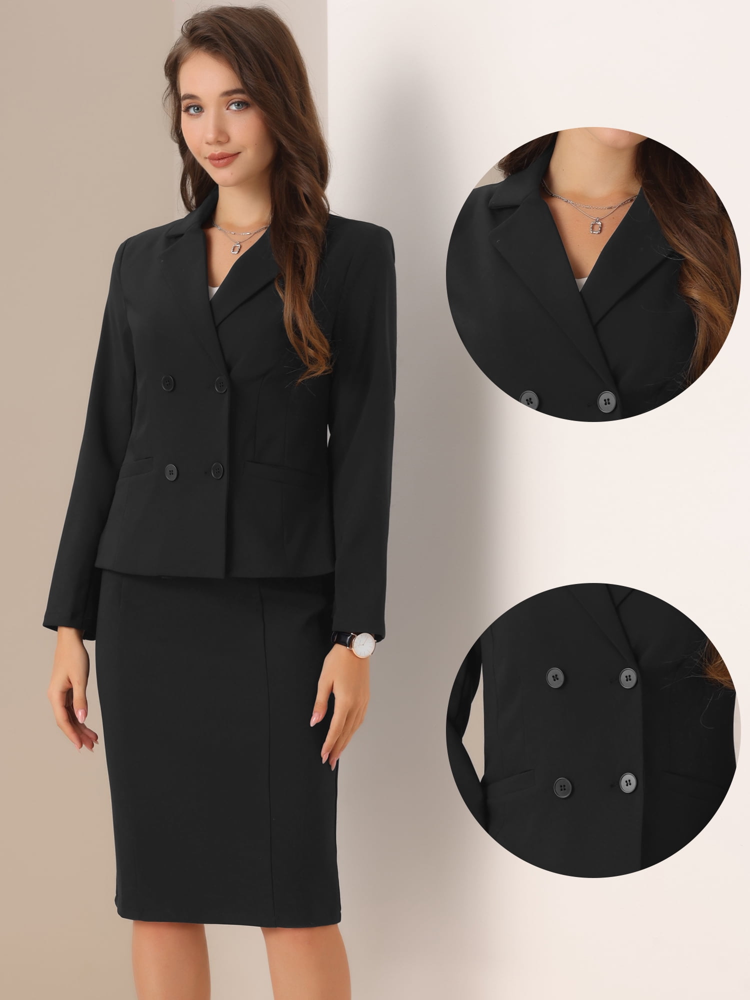 DARING DIVA 2Pcs Women's Long Sleeve Blazer Pencil Skirt Suit Set S Black