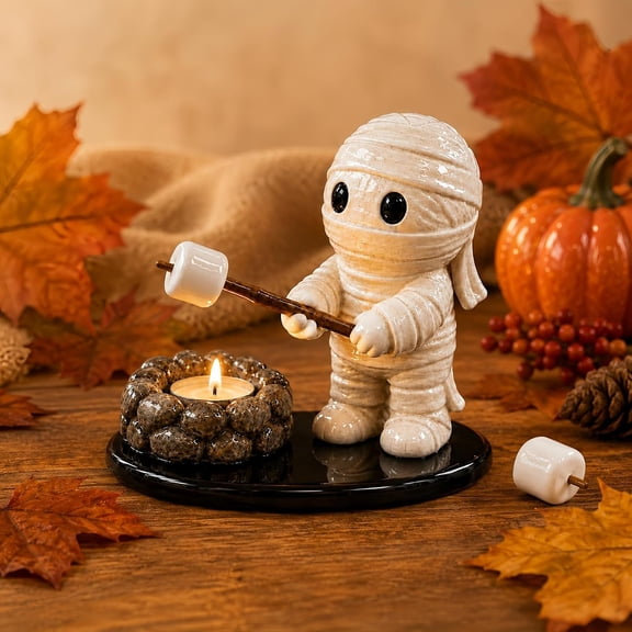 Halloween Tealight Holder | Mummy Campfire Stand for Mantel Shelf | Farmhouse Hand-Painted Resin, Fits LED Tealights, Fall Campfire Scene for Halloween Mantel, Shelf Decor