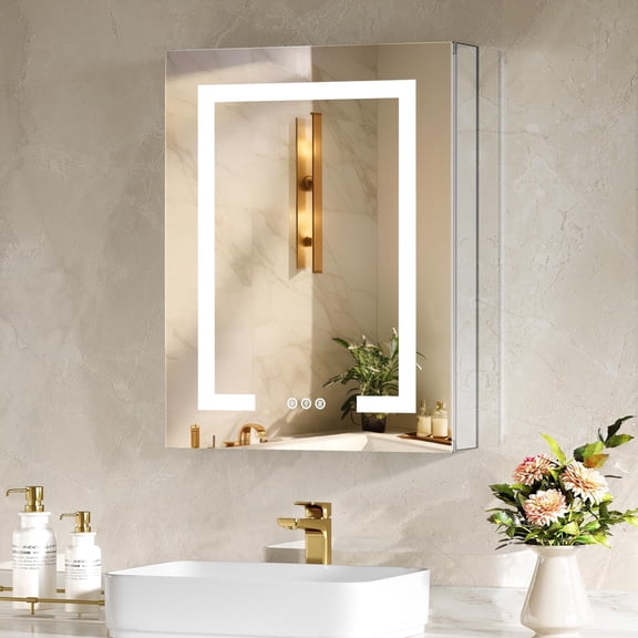Homlux 20 Inch x 26 Inch LED Lighted Medicine Cabinet with Mirror Bathroom Mirror Cabinet with Lights Outlet USB Recessed or Wall Mounted Adjustable Shelf 3 Color Dimmer Anti Fog