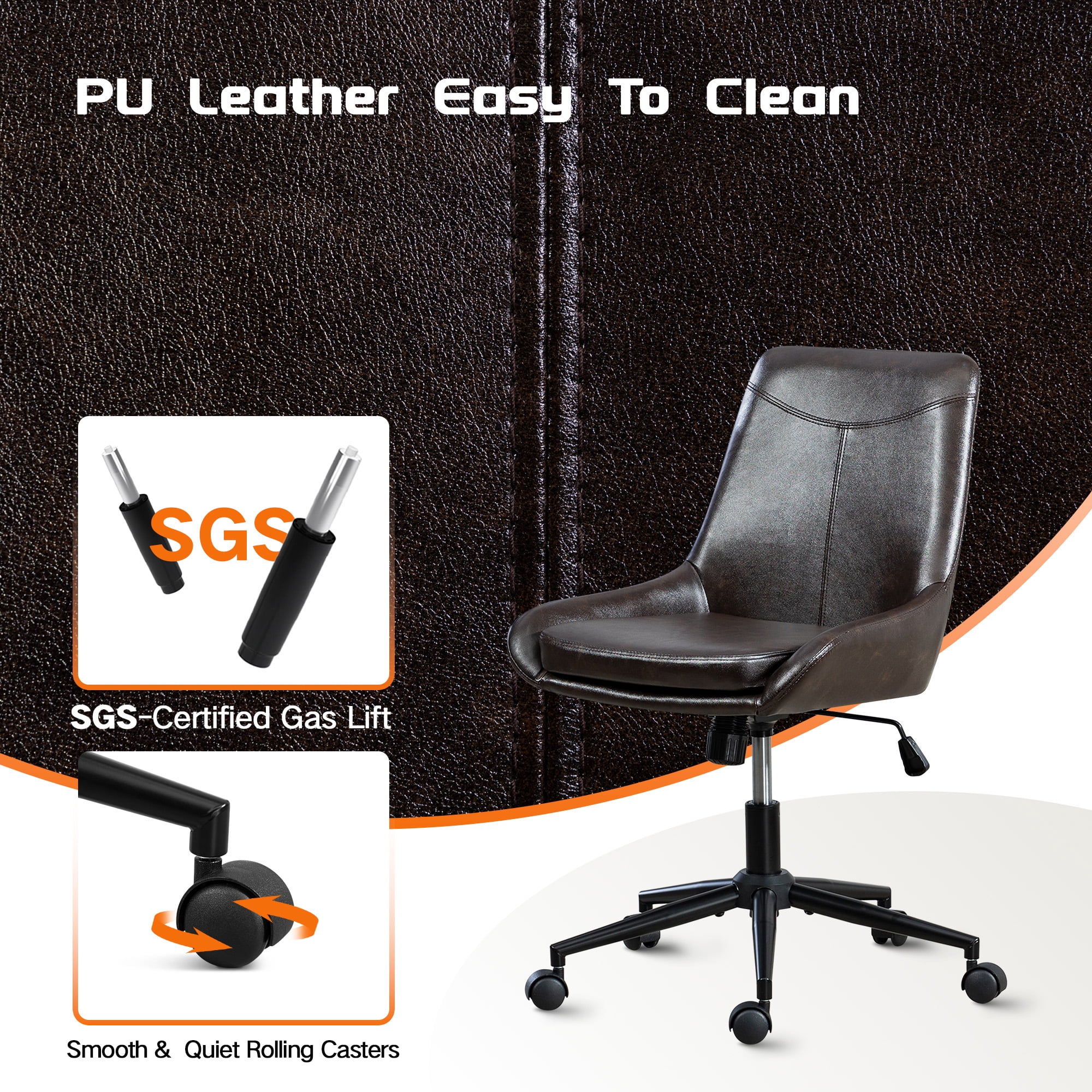 Faux Leather Home Office Task Chair, Armless Office Chair With Wheels, Swivel Adjustable Seat Height Desk Chair with Rocking Function for Living Room or Study, Black Brown
