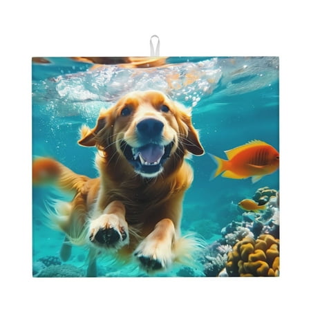 

Dish Drying Mats for Kitchen Counter Dog Underwater Adventure 16x18in Dish Drying Pad Coffee Mat with Hanging Loop Super absorbent Kitchen Counter Mat Coffee Bar Accessories