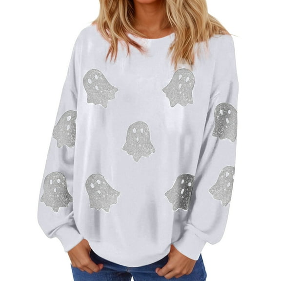 Fiaer Women Halloween Sweatshirts Ghost Graphic Crew Neck Long Sleeve Pullover Loose Warm Plus Size Tops White XL