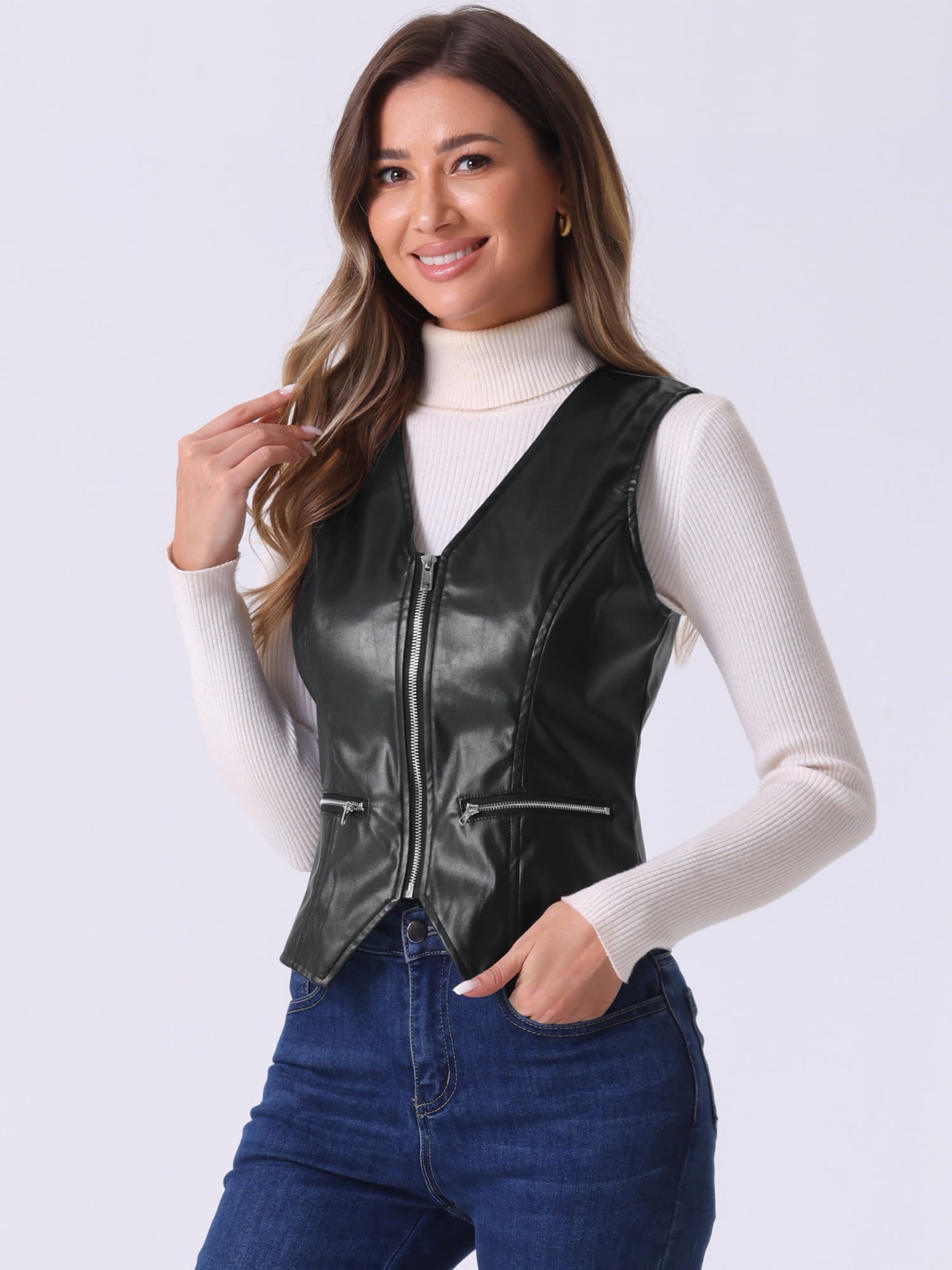DARING DIVA Women's Faux Leather Waistcoat V Neck Zipper Motorcycle Vest XL Black