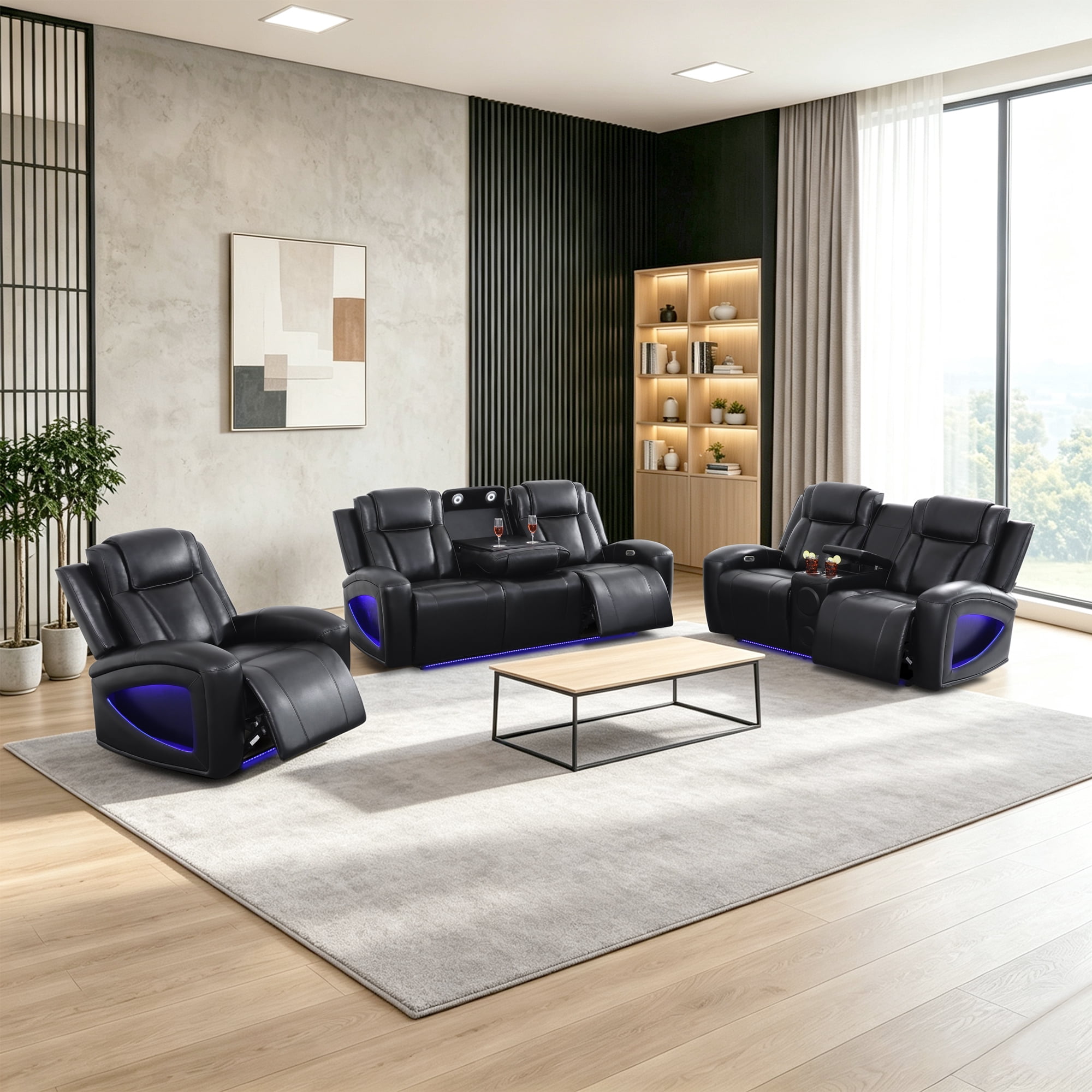Gewnee 1+2+3 Piece Recliner Sofa Set, Air Leather Smart Sofa with Wireless Charging, Bluetooth Speaker, LED Light, Cup Holders & Storage, Adjustable Recline for Living Room, Black