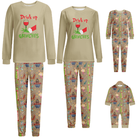 

Family Matching Christmas Pajamas Grinch Khaki Printed Sizes for Adult-Kids-Baby-Pet 2 Pieces Top and Pants Bodysuits Unisex Pajamas Set