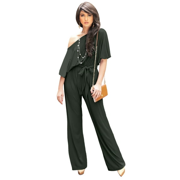 KOH KOH Long Pant One Off Shoulder 3/4 Short Sleeve Sexy Wide Leg Casual Summer Fall One Piece Jumpsuit Pant Suit Romper Playsuit Tall Overall For Women Olive Green Small US 2-4 JSN003